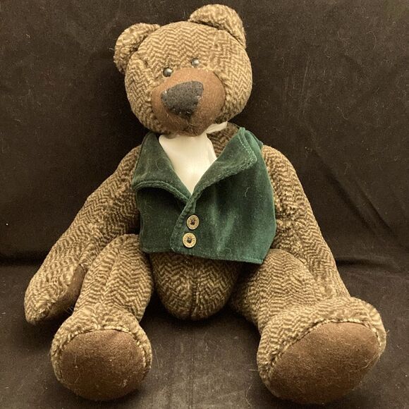 Vintage Chevron Pattern Bear Teddy Bear With Velvet‎ Green Vest - Picture 1 of 8